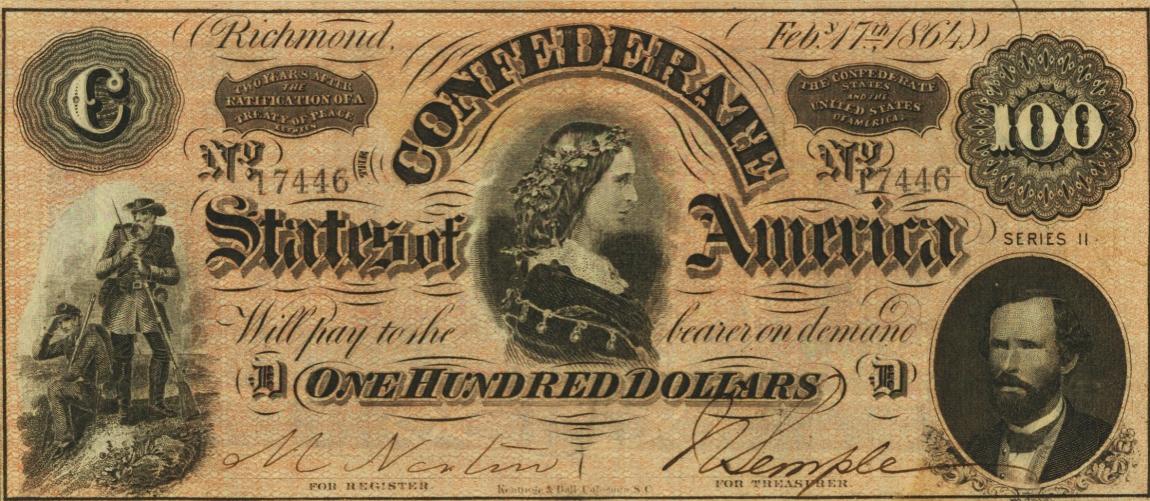 Front of Confederate States of America p71: 100 Dollars from 1864
