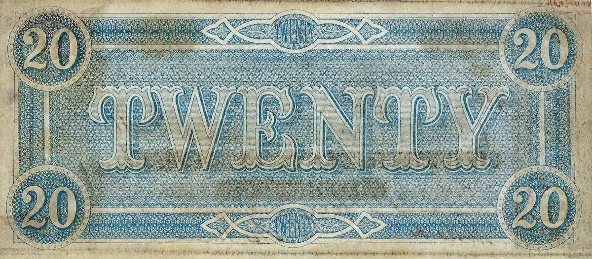 Back of Confederate States of America p69: 20 Dollars from 1864