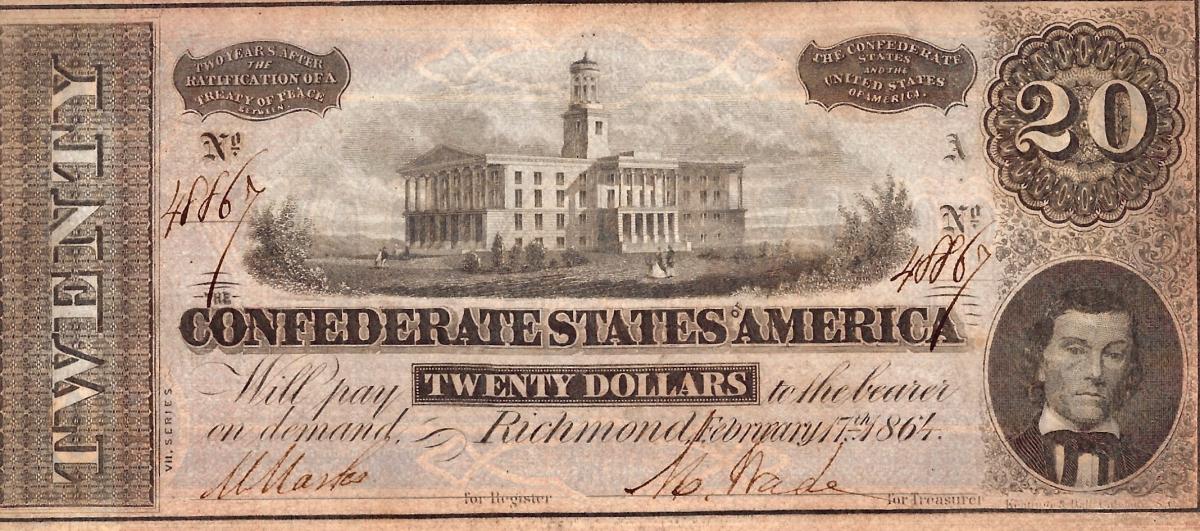 Front of Confederate States of America p69: 20 Dollars from 1864