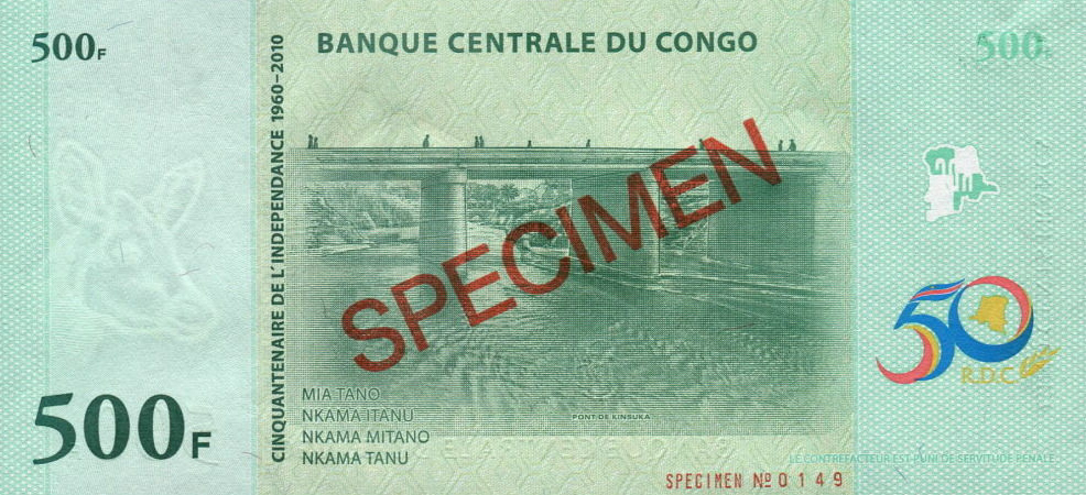 Back of Congo Democratic Republic p100s: 500 Francs from 2010