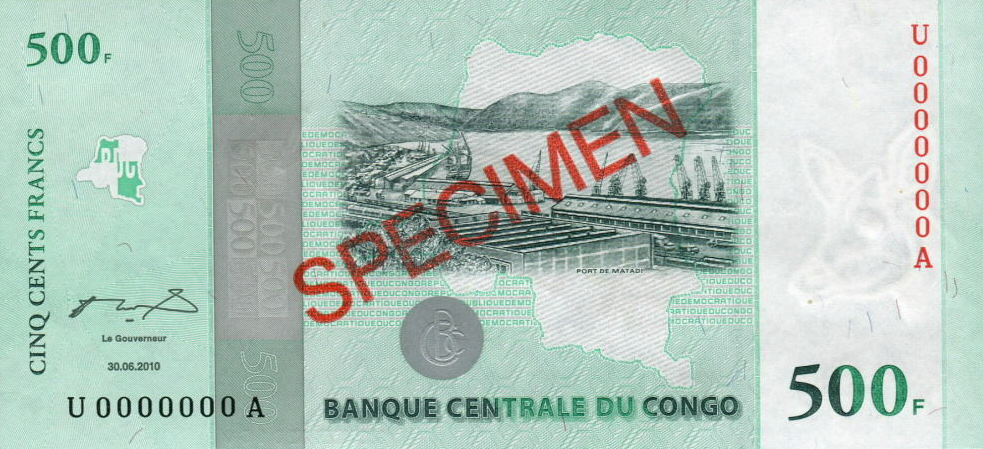 Front of Congo Democratic Republic p100s: 500 Francs from 2010