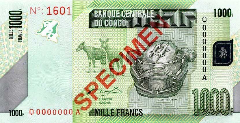 Front of Congo Democratic Republic p101s: 1000 Francs from 2005