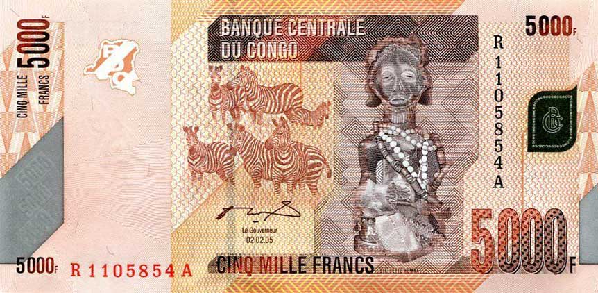 Front of Congo Democratic Republic p102a: 5000 Francs from 2005