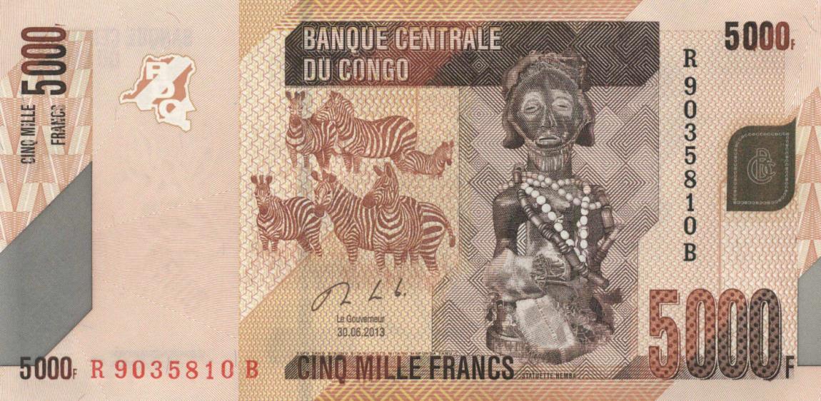 Front of Congo Democratic Republic p102b: 5000 Francs from 2013