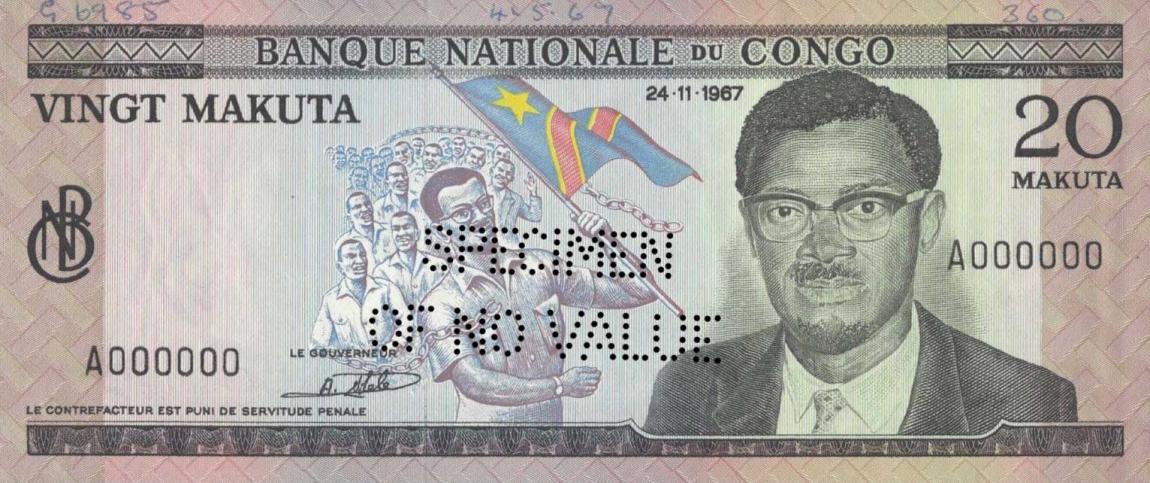 Front of Congo Democratic Republic p10s: 20 Makuta from 1970