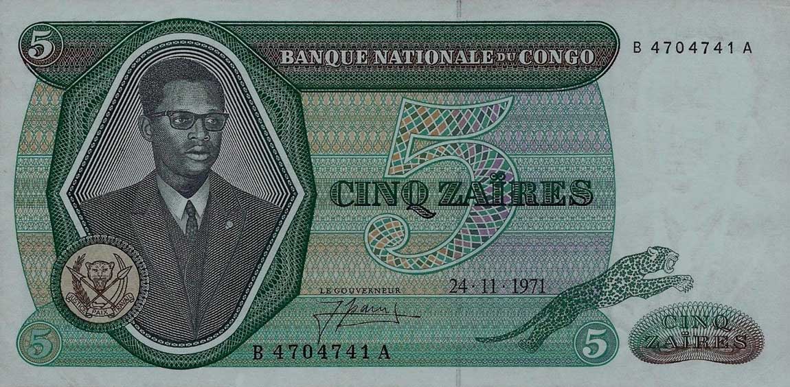 Front of Congo Democratic Republic p14a: 5 Zaires from 1971