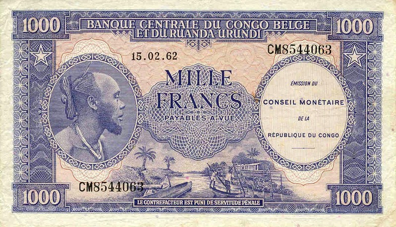 Front of Congo Democratic Republic p2a: 1000 Francs from 1962