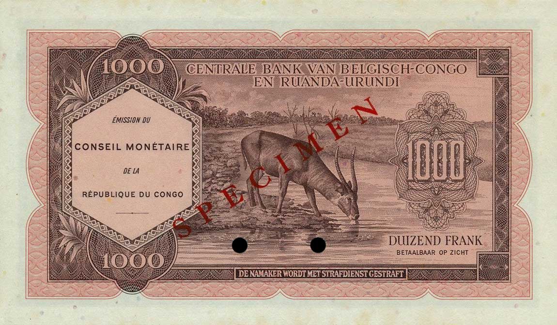 Back of Congo Democratic Republic p2s: 1000 Francs from 1962