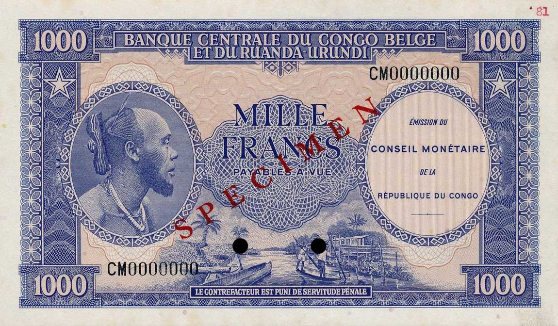 Front of Congo Democratic Republic p2s: 1000 Francs from 1962