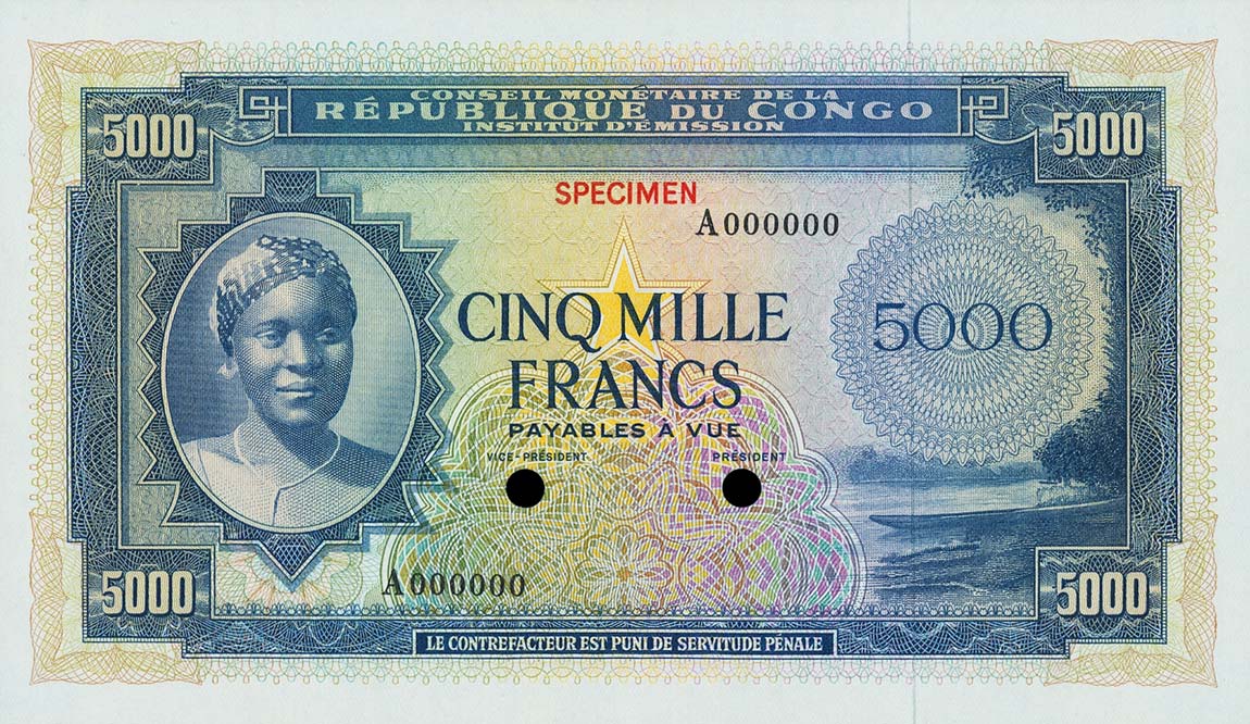Front of Congo Democratic Republic p3ct: 5000 Francs from 1963