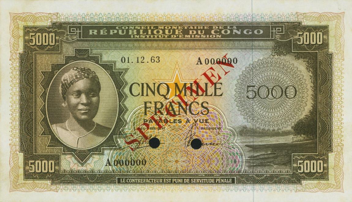 Front of Congo Democratic Republic p3s: 5000 Francs from 1963
