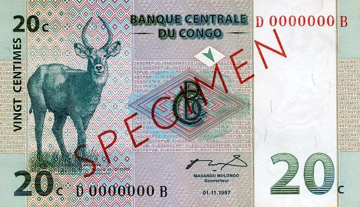 Front of Congo Democratic Republic p83s: 20 Centimes from 1997