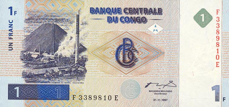 Front of Congo Democratic Republic p85a: 1 Franc from 1997