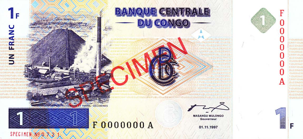Front of Congo Democratic Republic p85s: 1 Franc from 1997
