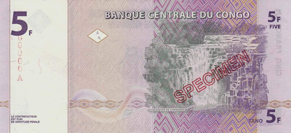 Back of Congo Democratic Republic p86s: 5 Francs from 1997