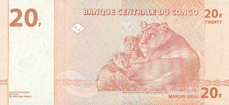 Back of Congo Democratic Republic p88Aa: 20 Francs from 1997