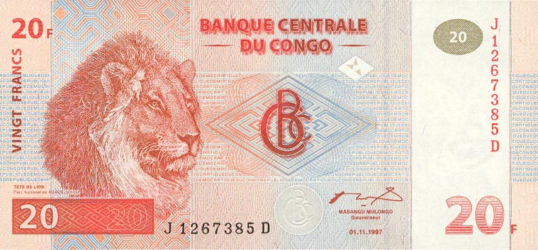 Front of Congo Democratic Republic p88Aa: 20 Francs from 1997