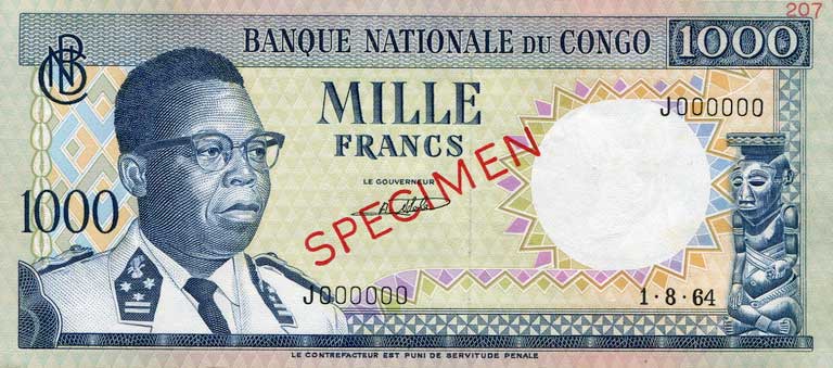 Front of Congo Democratic Republic p8s: 1000 Francs from 1961