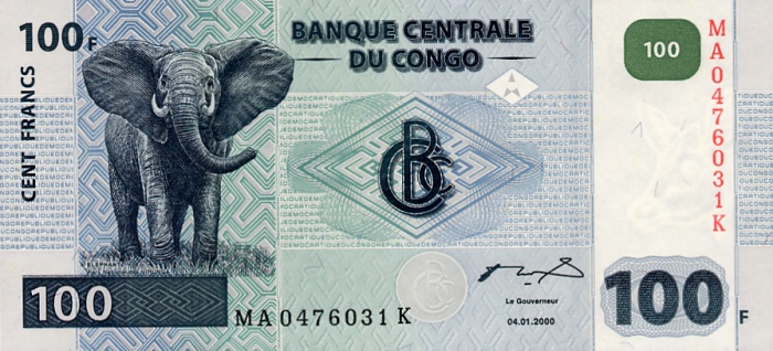 Front of Congo Democratic Republic p92A: 100 Francs from 2000