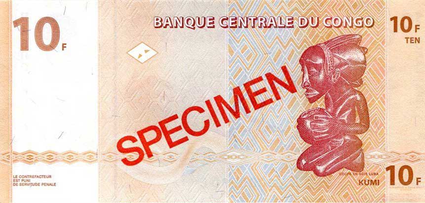 Back of Congo Democratic Republic p93s: 10 Francs from 2003