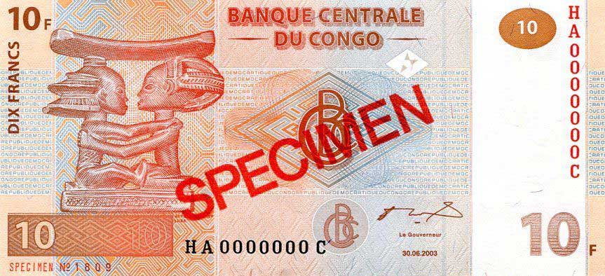 Front of Congo Democratic Republic p93s: 10 Francs from 2003