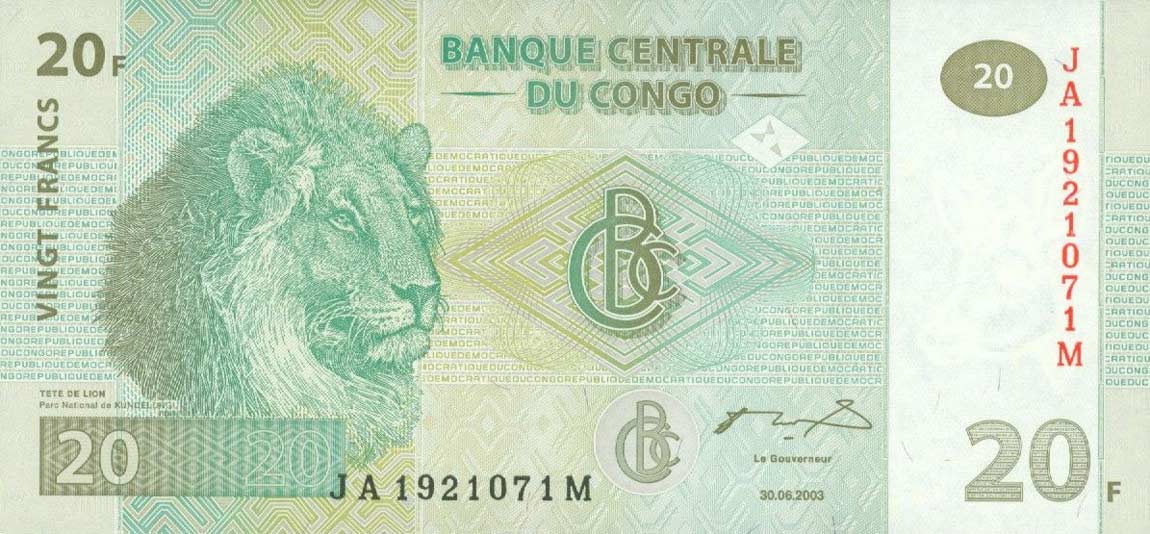 Front of Congo Democratic Republic p94A: 20 Francs from 2003