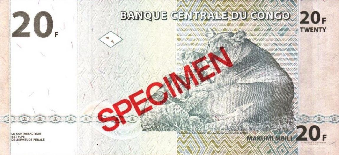 Back of Congo Democratic Republic p94s: 20 Francs from 2003