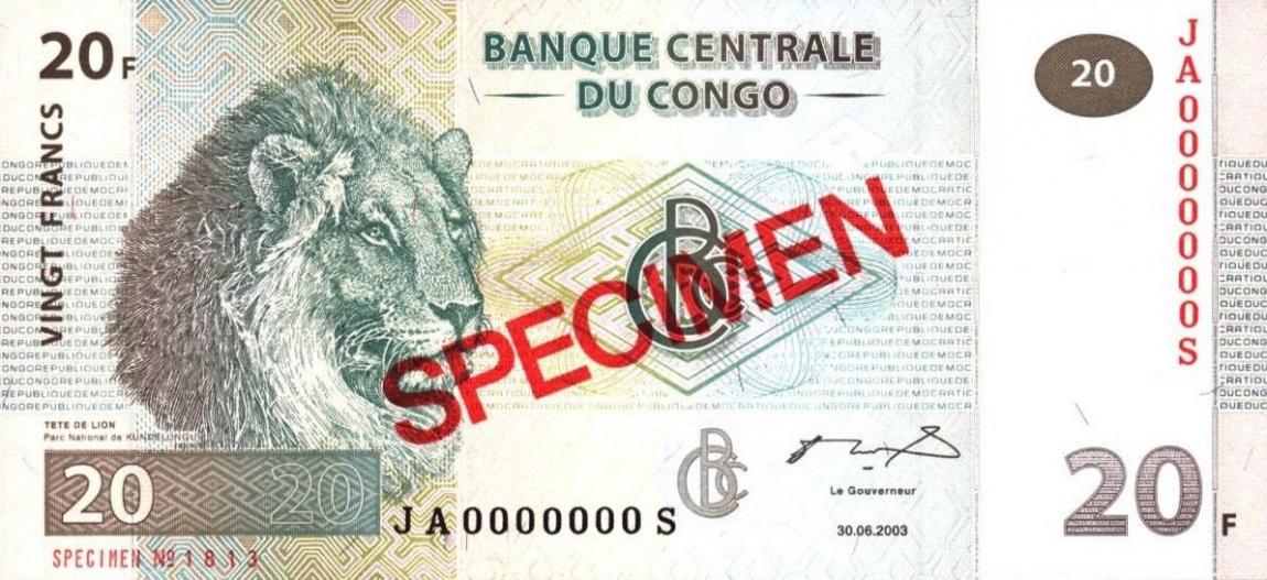 Front of Congo Democratic Republic p94s: 20 Francs from 2003