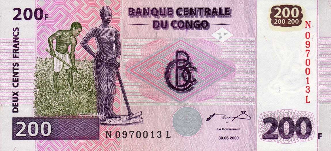 Front of Congo Democratic Republic p95A: 200 Francs from 2000