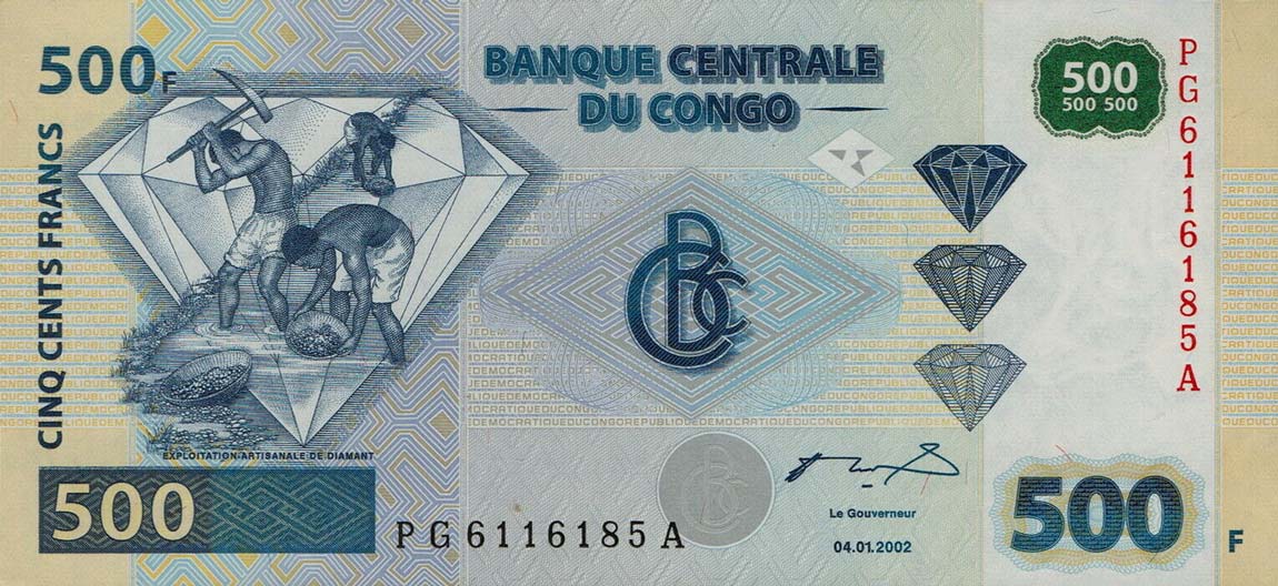 Front of Congo Democratic Republic p96C: 500 Francs from 2002