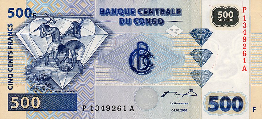 Front of Congo Democratic Republic p96a: 500 Francs from 2002