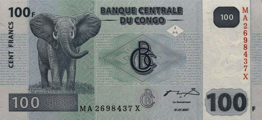 Front of Congo Democratic Republic p98Aa: 100 Francs from 2007