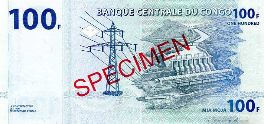 Back of Congo Democratic Republic p98s: 100 Francs from 2007