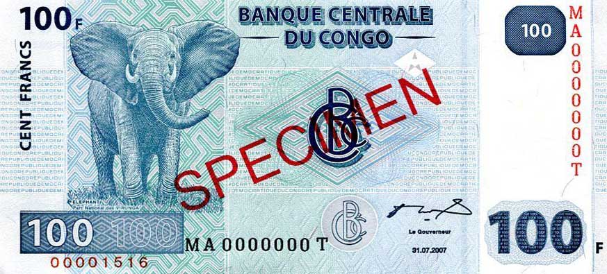 Front of Congo Democratic Republic p98s: 100 Francs from 2007