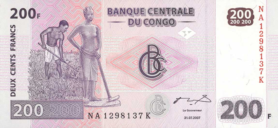 Front of Congo Democratic Republic p99a: 200 Francs from 2007