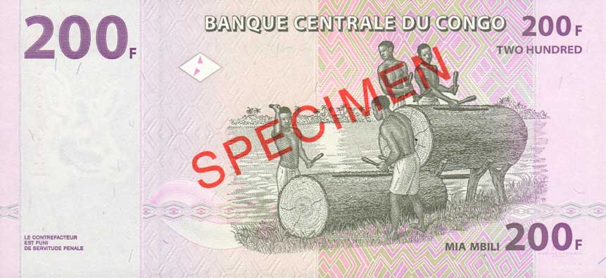 Back of Congo Democratic Republic p99s: 200 Francs from 2007