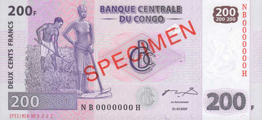 Front of Congo Democratic Republic p99s: 200 Francs from 2007