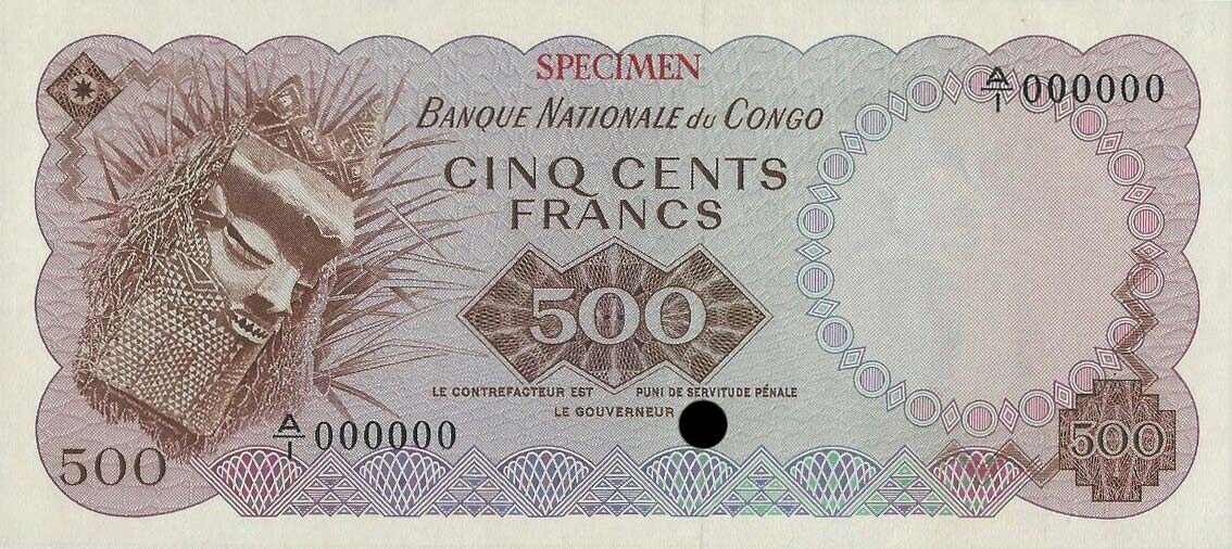 Front of Congo Democratic Republic p7ct: 500 Francs from 1961