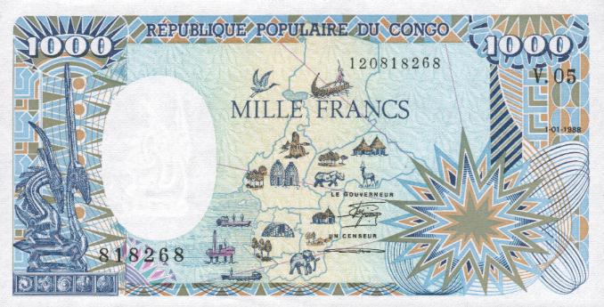 Front of Congo Republic p10a: 1000 Francs from 1987