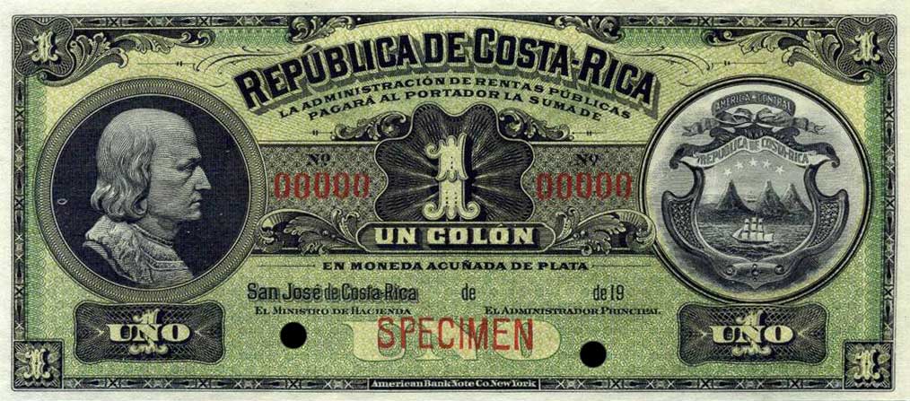 Front of Costa Rica p148s: 1 Colon from 1917