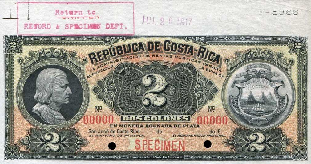 Front of Costa Rica p149s: 2 Colones from 1917