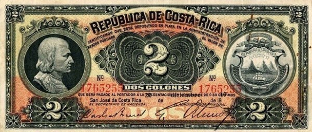 Front of Costa Rica p152: 2 Colones from 1920