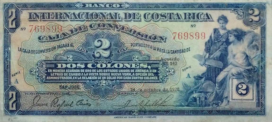 Front of Costa Rica p159b: 2 Colones from 1923