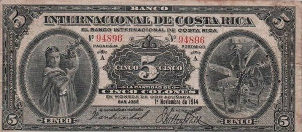 Front of Costa Rica p160a: 5 Colones from 1914