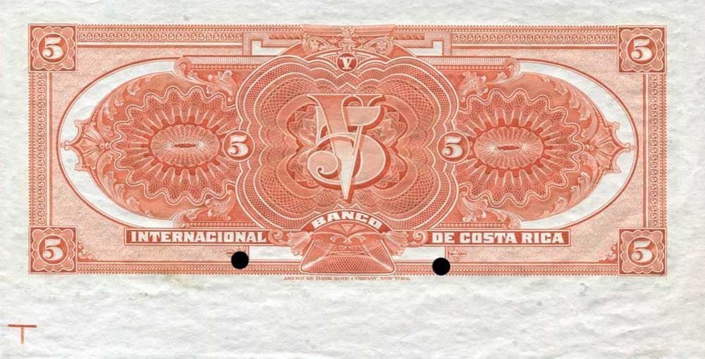 Back of Costa Rica p160s: 5 Colones from 1914