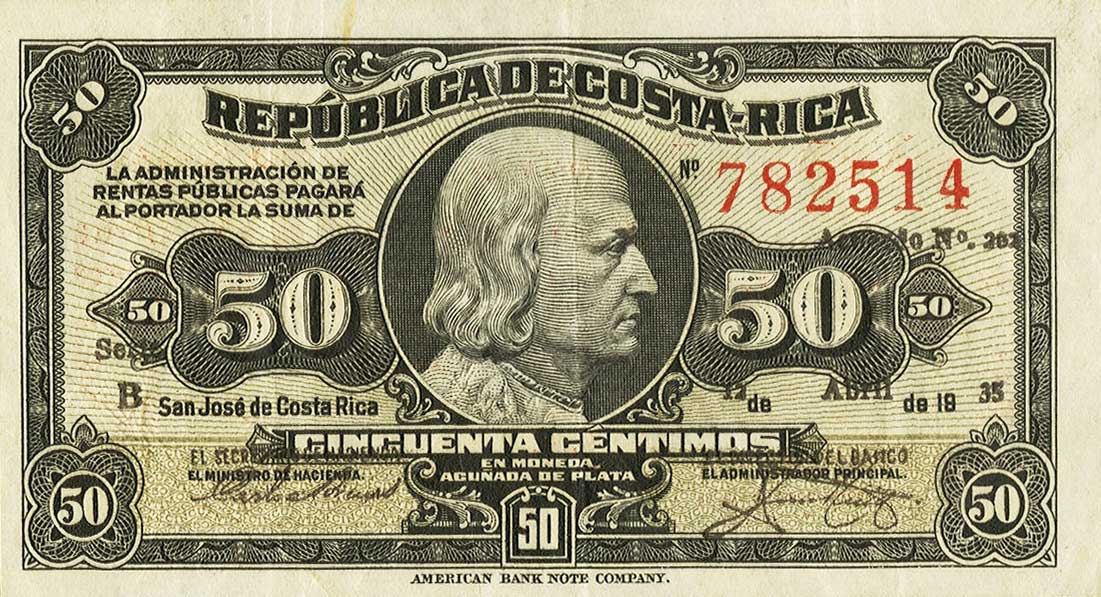 Front of Costa Rica p165: 50 Centimos from 1935