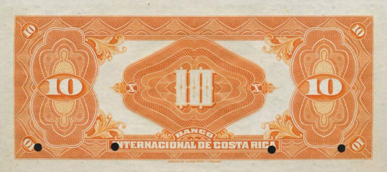 Back of Costa Rica p169s: 10 Colones from 1916