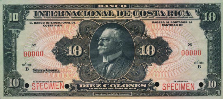 Front of Costa Rica p169s: 10 Colones from 1916