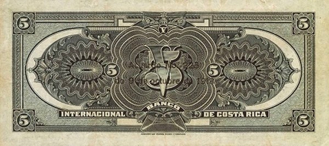 Back of Costa Rica p171: 5 Colones from 1918