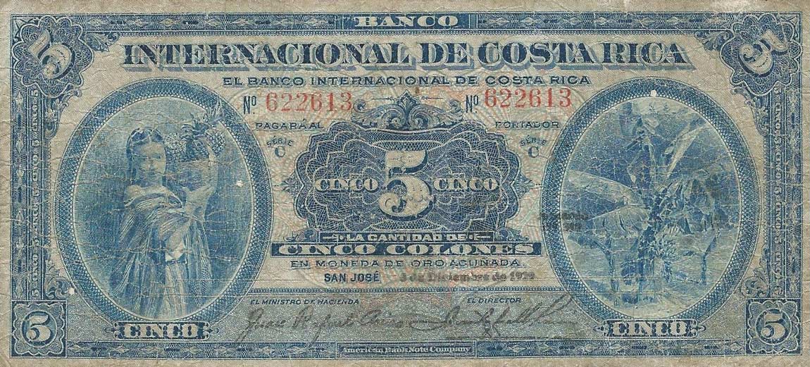 Front of Costa Rica p174b: 5 Colones from 1925